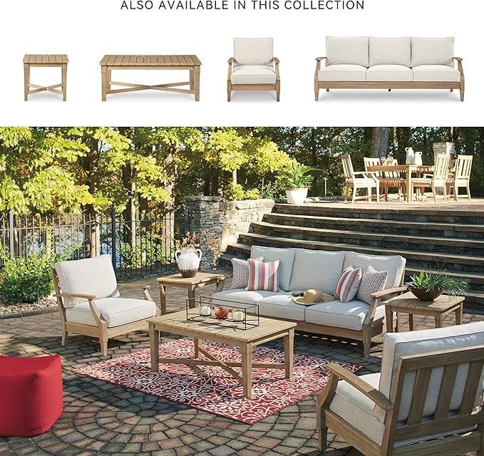 Signature Design by Ashley Carter Hall Outdoor Eucalyptus Neutral Patio Lounge Chair with Thick Performance Fabric Cushion, Beige