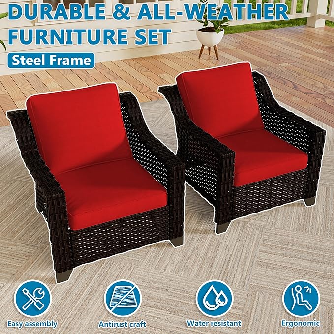 Vista Vibe 2 Pieces Outdoor Armchairs, Patio Conversation Furniture Set, Washable Cushions, Luxurious Hand-Woven PE Rattan, Garden, Bistro, Deck, Backyard (Brown/Red)