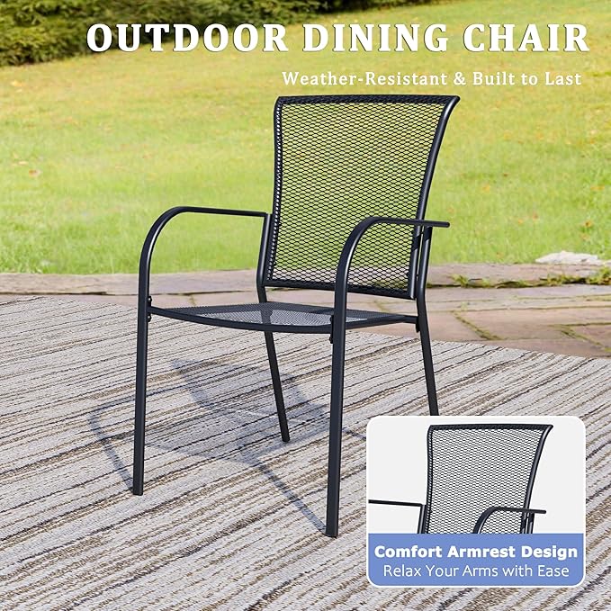 Outdoor Metal Patio Chairs Set of 4, Stackable Iron Mesh Dining Chairs with Armrests, All-Weather Bistro Chairs for Garden, Backyard, Porch, or Balcony
