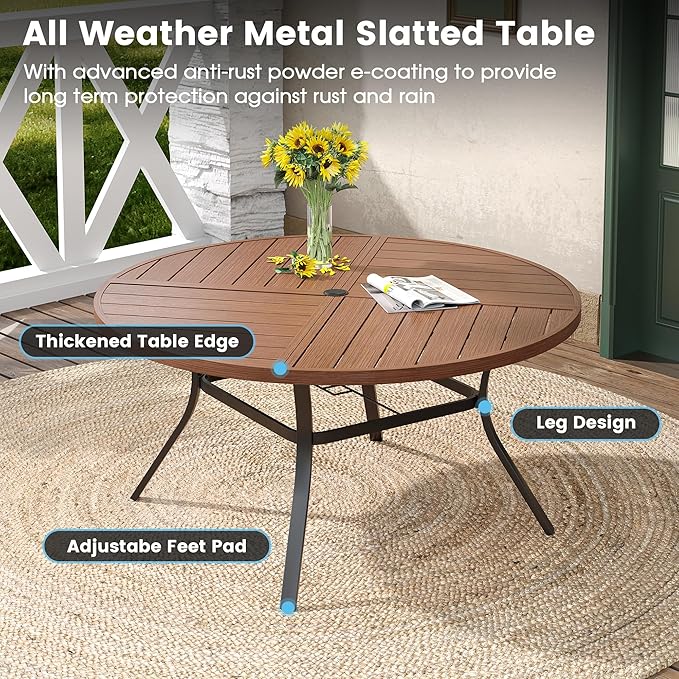 DIFY 9 Pieces Outdoor Patio Dining Set, 8 Brown Textilene Swivel Dining Chairs and 59.8" Walnut Round Metal Dining Table, Outdoor Table and Chairs