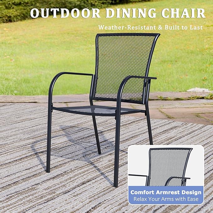 Outdoor Metal Patio Chairs Set of 2, Stackable Iron Mesh Dining Chairs with Armrests, All-Weather Bistro Chairs for Garden, Backyard, Porch, or Balcony