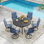DIFY 7 Pieces Outdoor Patio Dining Set, 6 Blue Textilene Swivel Dining Chairs and 47.2" Black Round Metal Dining Table, Outdoor Table and Chairs
