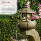 Alpine Corporation WIN1688 32" 2-Layer Pagoda Polystone Fountain with LED Lights, Cascading Waterfall, Outdoor Garden and Patio Water Feature, Zen Décor, Relaxing Sound, Brown