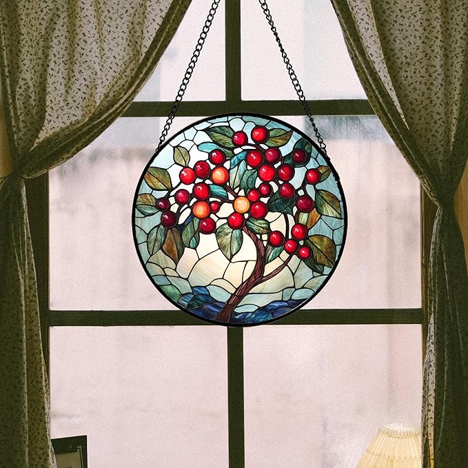CRIS GIF Stained Glass Window Hanging - Red Fruit Tree Landscape Suncatcher for Doors Garden Patio Sun Catchers Decor Christmas Mother's Day Birthday Gifts for Women Men Mom Nana Friend 7.8 in