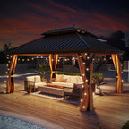12' X 16' Hardtop Gazebo, Outdoor Galvanized Steel Double Roof Permanent Aluminum Frame Pavilion Pergola Canopy with Privacy Curtains for Garden, Patio, Backyard, Deck and Lawns.