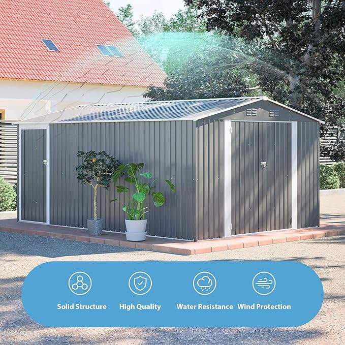 10x14 FT Outdoor Metal Storage Shed, Large Garden Shed Tool Shed with 3 Lockable Doors & Side Door, Waterproof Yard Building with 4 Air Vents for Backyard, Patio, Light Gray