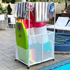 Essentially Yours Pool Equipment Holder with Towel Drying Bars, Mesh Rolling Pool Storage Organizer Bin, Extra Large with Towel Hanger, (34.5" W x 25" L x 62.6" H), White Style 418566
