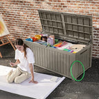 DWVO 150 Gallon XL Deck Box with Divider & Lockable Lid, Waterproof Resin Outdoor Storage for Patio, Garden, Poolside, Cushions, Supplies & Sports Gear, Light Brown
