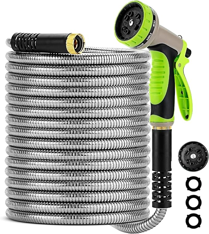 Stainless Steel Garden Hose 50FT with 10 Functione Nozzle, No Kink, Leak-Proof, Lightweight and Flexible Metal Garden Hose for Lawn, Car, RV, Outdoor Watering, Pet Bathing