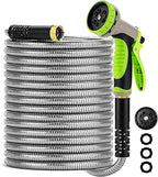 Stainless Steel Garden Hose 50FT with 10 Functione Nozzle, No Kink, Leak-Proof, Lightweight and Flexible Metal Garden Hose for Lawn, Car, RV, Outdoor Watering, Pet Bathing