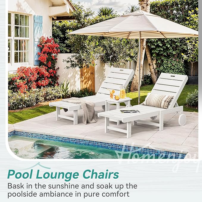 Outdoor Chaise Lounge Chairs Set of 2, 2-Piece, 26.8” Super Wide Lounge Chair Outdoor, HDPS Pool Chairs with 5 Positions, Patio Lounge Chair with Wheels for Pool,Lawn,Backyard, White