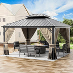 12’x14’ Hardtop Gazebo Outdoor Aluminum Frame Permanent Gazebo Galvanized Steel Double Roof Pergola with Nettings and Curtains for Patio, Lawns,Backyard, Deck(Brown)