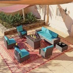 10 Pieces Outdoor Patio Furniture Set Outdoor Furniture Patio Sectional Sofa Conversation Sets w/ETL Approved 45" Gas Outdoor Fire Table & Coffee Table, Swivel Rocking Chair (Turquoise)