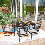 PHI VILLA 7 Pieces Patio Dining Table Set with Cushion for 6, Large Rectangular Metal Dining Table with Umbrella Hole & Cushioned Swivel Iron Chairs for Outdoor, Deck, Yard