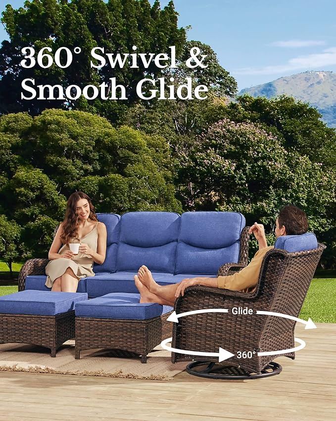 HILLGA Luxury Patio Furniture Set with 6-inch Thick Cushion, Outdoor Sectional Sofa and Coffee Table, 2PCS Wicker Conversation Set for Deck Yard and Poolside, Blue (V2)