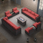 Outdoor Patio Furniture Set with Propane Fire Pit Table, 15 Pieces Outdoor Furniture Patio Sectional Sofa Conversation Sets w/ETL Approved 43" Gas Outdoor Fire Table & Coffee Table(Red)
