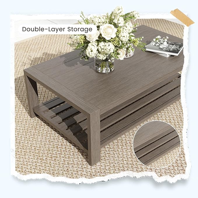 UDPATIO 6 Piece Aluminum Patio Furniture Set 7 Seats Modern Outdoor Furniture Faux Wood Grain Patio Conversation Sets with Olefin Fabric Thick Cushions, 600D Waterproof Cover Included, Light Grey