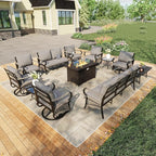 12 Pieces Patio Conversation Sets, All Weather Metal Outdoor Furniture Set, 3-Seater, 4 Swivel Rockers, 2 Single Chairs, 1 Loveseat, 2 Side Tables, 1 Coffee Table, 1 Fire Pit Table for Outside, Gray