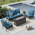 MFSTUDIO 4 Pieces Outdoor Patio Furniture Set, Metal Outdoor Conversation Set, Rattan Wicker Patio Sectional Set with 2 x Fixed Single Sofa, 3-Seat Sofa, 1 x Fire Pit Table, Navy Blue