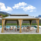 Domi 12' X 18' Hardtop Gazebo Outdoor Metal Gazebo with Galvanized Steel Double Roof Canopy, Wood Grain Aluminum Frame, Curtains and Netting for Patio, Deck, Garden