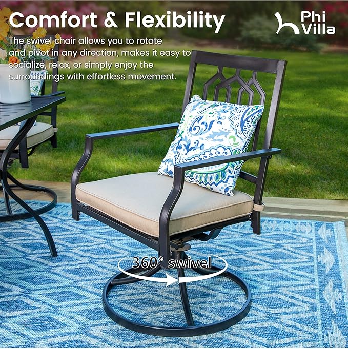 PHI VILLA 5-Piece Outdoor Dining Set, 4 Steel Metal Swivel Patio Chairs & 1 Square Dining Table, Paperclip Pattern Back, Classic Black