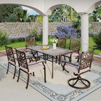 MFSTUDIO 7 Pieces Cast Aluminum Patio Dining Set with 2×Swivel & Rock Chair, 4×Extra Wide Dining Chair and 1×63" Rectangular Dining Table, Outdoor Dining Set for 6, Brown