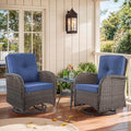 Outdoor Swivel Glider Rocker Chairs - 3 Piece Patio Furniture Set, Patio Bistro Sets with Tempered Glass Side Table, for Balcony, Porch - Brown Wicker, Blue Cushion