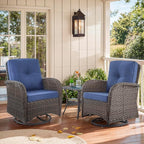 Outdoor Swivel Glider Rocker Chairs - 3 Piece Patio Furniture Set, Patio Bistro Sets with Tempered Glass Side Table, for Balcony, Porch - Brown Wicker, Blue Cushion