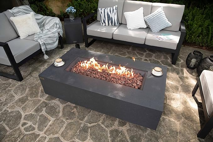 AMS Creations | Madison 60" Bundle Rectangular Natural Gas Outdoor Fire Pit Table | Dark Gray Concrete GFRC | Limestone Texture or Surface | Electronic Ignition | Outside Backyard Fireplace