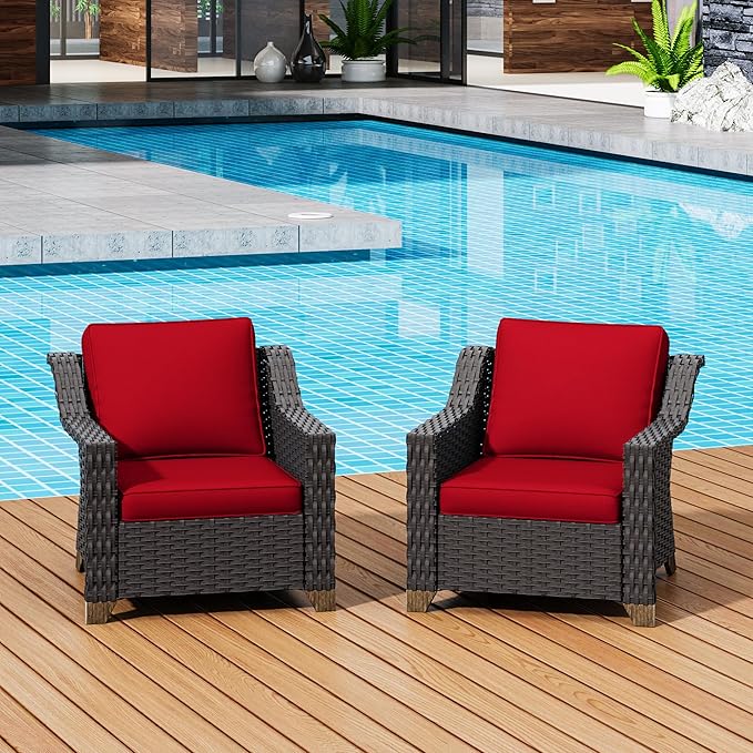 Patio 2 Pieces Chairs Set of 2 with Removable and Washable Covers，Outdoor PE Rattan Wicker Armchairs with Water-Resistant Cushions for Porch, Balcony, Sunroom (Red)