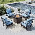 MFSTUDIO 5 Pieces Outdoor Patio Furniture Set, Metal Outdoor Conversation Sofa, Rattan Wicker Patio Sectional Sofa Set with 4 x Rocking Single Sofa, 1 x Fire Pit Table, Blue