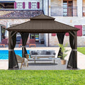 Domi Hardtop Gazebo 8x8FT, Aluminum Outdoor Gazebo with Galvanized Steel Double Roof Canopy, Curtains and Netting Included, Metal Gazebo Permanent Pavilion for Patio, Lawn, Garden, Brown