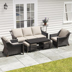 6 Pieces Outdoor Conversation Furniture Set - 77" Patio Sofa, 2 Armchairs, 2 Ottomans, 1 Metal Table, Patio Wicker Couch Set with Washable Cushions for Swimming Pool (Beige)