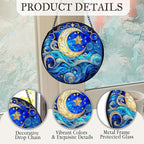 kdqua Moon and Star Suncatcher Stained Glass Window Hanging, Blue Celestial Astronomy Sun Catchers Indoor Window Glass Round Wall Decor, Moon and Stars Wall Art Hanging Decorations Statues, 7.9x7.9in