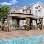 12' X 22' Hardtop Gazebo, Outdoor Galvanized Steel Double Roof Permanent Aluminum Frame Pavilion Pergola Canopy with Privacy Curtains for Garden, Patio, Backyard, Deck and Lawns.