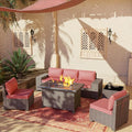 Outdoor Patio Furniture Set with Propane Fire Pit Table, 7 Pieces Outdoor Furniture Patio Sectional Sofa Conversation Sets w/ETL Approved 43" Gas Outdoor Fire Table & Coffee Table RED.