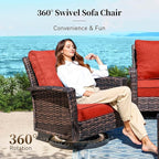 Patio Furniture Set with Swivel Chairs, High Back Wicker Rattan Furniture with 5.5" Thick Cushion and 2 Ottoman, Outdoor Conversation Set for Backyard Deck, Red