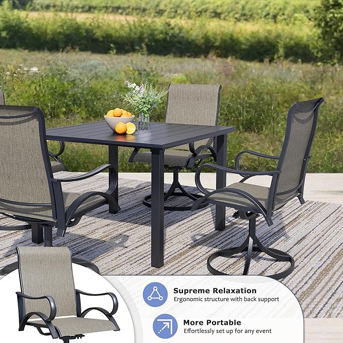 Outdoor Patio Swivel Dining Chairs Set of 4, All-Weather Swivel Rocker Chairs with Textilene High Back and Black Rust-Proof Metal Frame, Perfect for Patio, Lawn, Garden, or Backyard, Brown