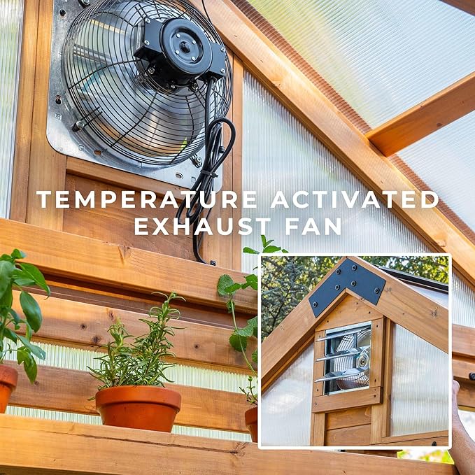 Backyard Discovery Bellerose XL 13' x 11' Cedar Wood and Polycarbonate Walk-in Greenhouse Kit with Pergola, Exhaust Fan, Windows, Hose Hook-Ups, PowerPort, Staging Shelves for Outdoor Gardening