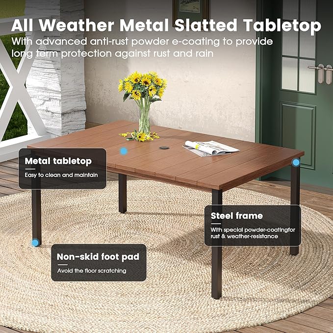 DIFY 63" Outdoor Patio Dining Table for 6, Metal Rectangular Steel Slat Patio Table with 1.57" Adjustable Umbrella Hole, Weather-Resistant for Garden Backyard Poolside Deck, Walnut