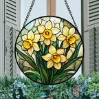 Stained Glass Window Hanging, Daffodil Plant Flowers Sun Catchers Diamond Glass Panel Hangings Suncatcher Decor for Birthday for Women, Men, Wife, Aunt, and Mom 14.9x14.9 in