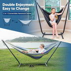 SUNCREAT 2-in-1 Convertible Backyard Fabric Hammock with Stand, Large Hammocks for Outside, Patent Pending, Light Green Stripes