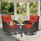 3 Pieces Patio Furniture Set, Outdoor Swivel Rocking Chair Set of 2 with Side Table - 360° Swivel, Thick Cushions, All-Weather Bistro Set for Deck, Porch, Pool(Red, Brown Full-Weave Rattan)