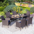PHI VILLA 7 Piece Outdoor Dining Set for 6, Rectangular Wrought Iron Dining Table with Umbrella Hole & Cushioned Rattan Wicker Chairs for Patio, Deck, Yard, Porch