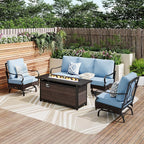 Patio Furniture Set with 56" Fire Pit Table, Premium Outdoor Wicker Metal Frame Furniture with Upgraded Waterproof Thick Cushions for Porch, Poolside, Deck, and Yard （4 Pieces,Blue）