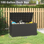 100 Gallon Deck Box Large Outdoor Storage Boxfor Patio Furniture,Outdoor Cushions, Garden Tools, Sports Equipment and Pool Supplies, Waterproof, Resin, Lockable
