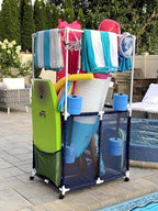 Essentially Yours Pool Equipment Holder with Towel Drying Bars, Mesh Rolling Pool Storage Organizer Bin, Extra Large with Towel Hanger, (34.5" W x 25" L x 62.6" H), Blue/White Style 418566