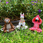 Mood Lab Miniature Yoga Figurines Set - Funny Mini Statue Kit of 3 pcs - Flamingo, Lama & Sloth in Meditation Pose - Fairy Garden Decor