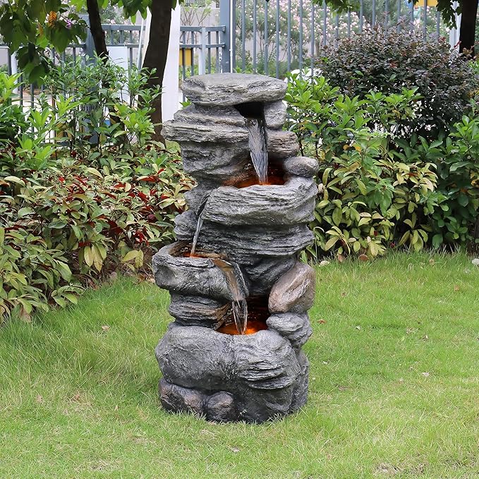 Teamson Home 39.37 in. Outdoor Faux Stacked Stone 4-Tier Water Fountain with LED Lights and Pump, Gray
