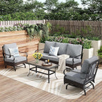 PHI VILLA Outdoor Modern Patio Furniture Set, Upgraded Wicker&Metal Patio Furniture Conversation Set with Waterproof Thick Cushions for Porch, Poolside, Deck, and Yard (4 Pieces,Grey)